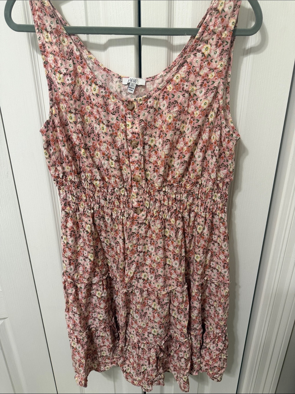 Pink Floral Button-Front Dress with Elastic Waist